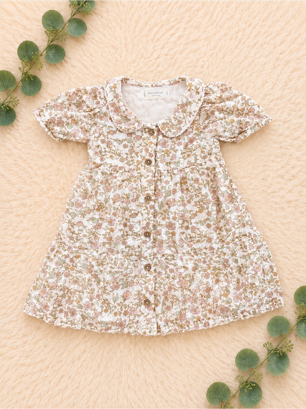 MAKEMEMAE Cream Floral Button-Front Kids Dress